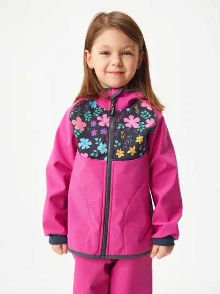 Kurtka Softshell z Fleece dla dzieci Basic Fuksja Kwiaty czarna