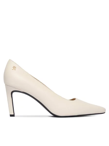 Tommy Hilfiger Kožne štikle TH LOGO LTH PUMP SLANTED HL bijela