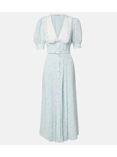 Rochie midi Alessandra Rich de mătase cu model floral albastru