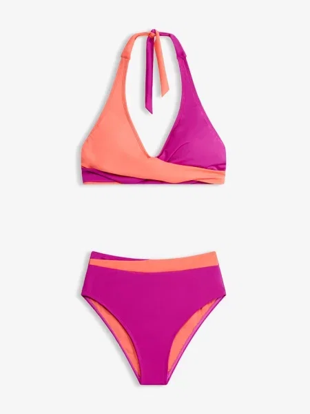 Bikini w stylu kopertowym z ramiączkami łączonymi na szyi komplet fioletowe