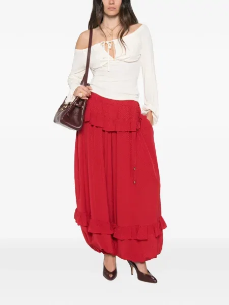 Pantaloni Chloé de mătase cu volane roșu