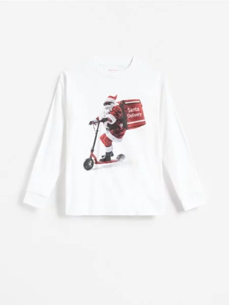 Reserved longsleeve ze świątecznym nadrukiem złamana biel