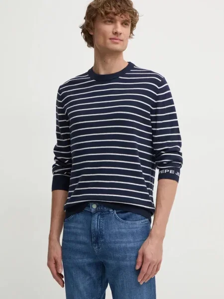 Пуловер с вълна Pepe Jeans NEW ANDRE STRIPES мъжки от лека материя тъмносиньо