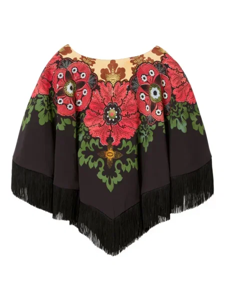 Poncho La Doublej cu franjuri cu model floral maro