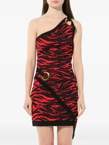Rochie Balmain cu imagine cu dungi de tigru cu un umăr gol roșu