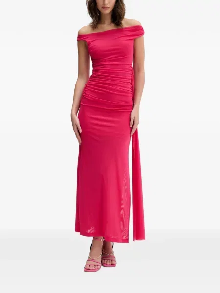Rochie maxi Bardot cu volane roz