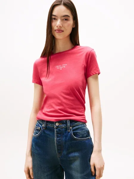 Tricou Tommy Jeans cu autograf roz