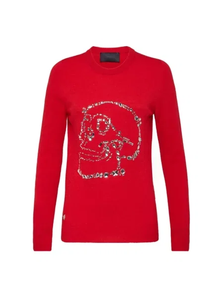 Sweter Philipp Plein wełniany z okrągłym dekoltem czerwony