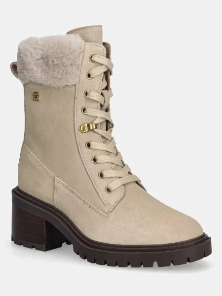 Tommy Hilfiger botki zamszowe TH SHEARLING LACE UP BOOT na słupku lekko ocieplone beżowy