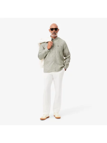 Lacoste Lniana Koszula W Paski Regular Fit zielona