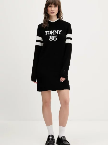 Obleka s primesjo volne Tommy Jeans črna