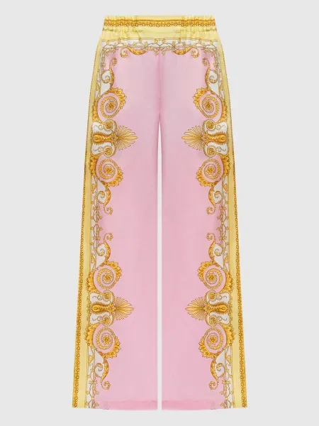 Штани із шовку в принт Spring Barocco Versace рожеві