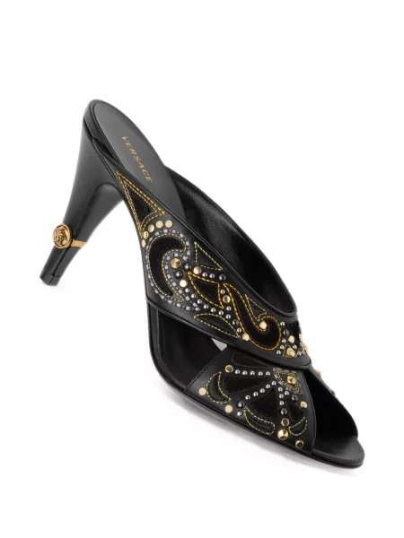 Papuci tip mules Versace cu broderie din piele negru