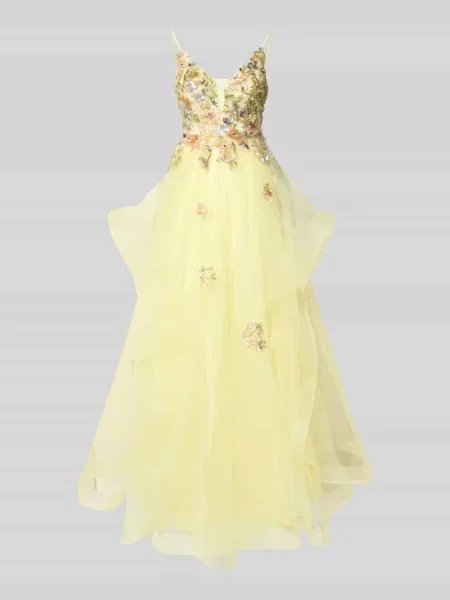 Sukienka wieczorowa z tiulu z haftami i cekinami Unique żółta