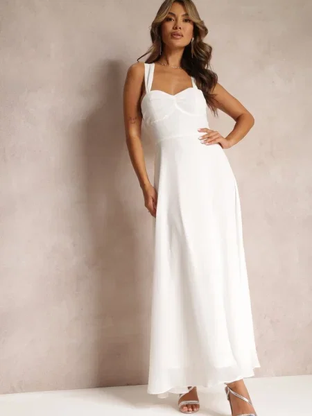 Rochie de Cocktail Cloș Malori cu Spate Legat albă