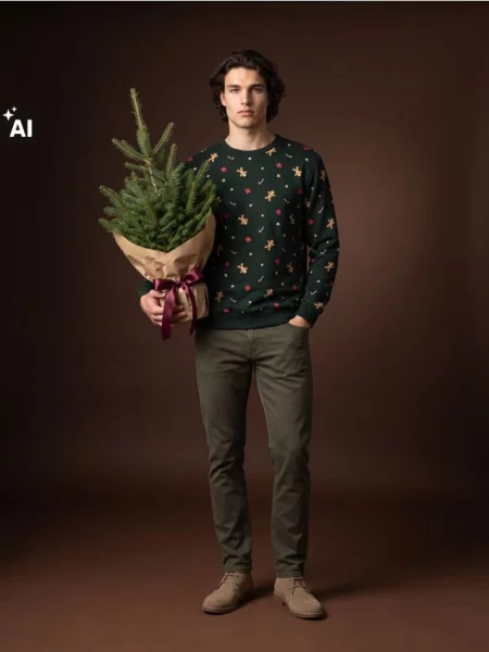 Sinsay Vánoční mikina crewneck s perníčky s bavlnou tmavě zelená