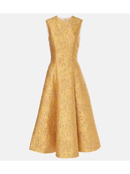 Rochie midi Emilia Wickstead cu model floral din jacard până la genunchi auriu