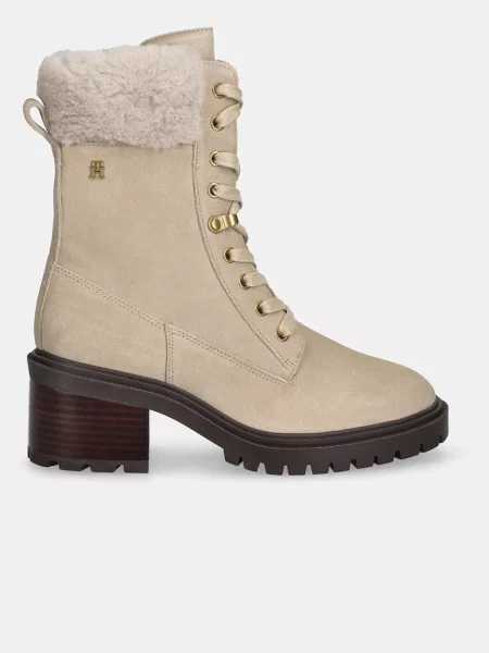 Čizmice Tommy Hilfiger s vezicama od brušene kože bež