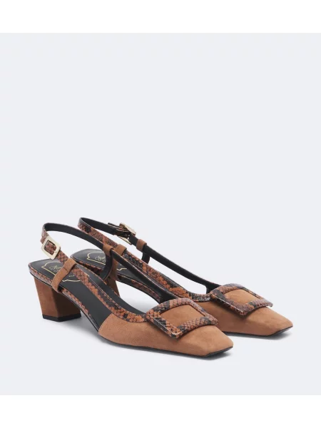Pantofi cu toc Roger Vivier din piele de căprioară slingback cu model piele de șarpe maro