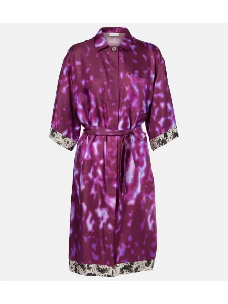 Jedwabna sukienka koszulowa Dries Van Noten z nadrukiem garniturowa różowa