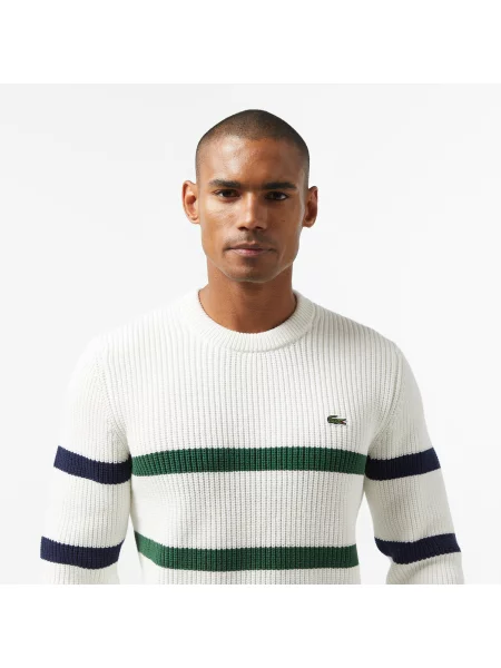 Lacoste Sweter W Paski Z Okrągłym Dekoltem I Luźnym Krojem biały