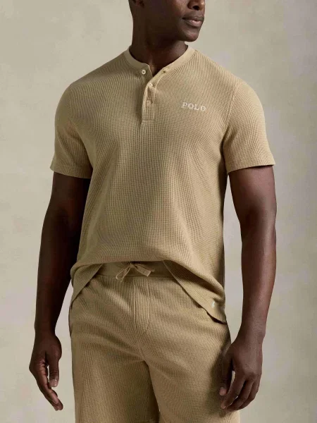 Tricou polo Polo Ralph Lauren cu guler henley bej