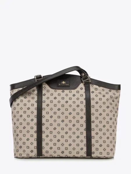 Torebka shopperka z żakardu i skóry w monogramy beżowa