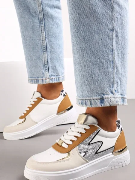 Biało-Brązowe Płaskie Sneakersy z Metalową i Brokatową Wstawką Nebritta brązowe