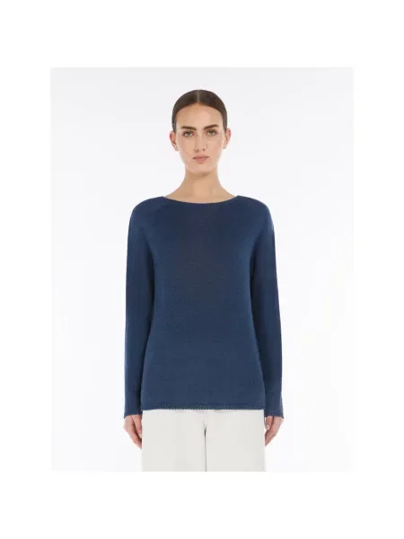Lniany sweter Max Mara z długim rękawem niebieski
