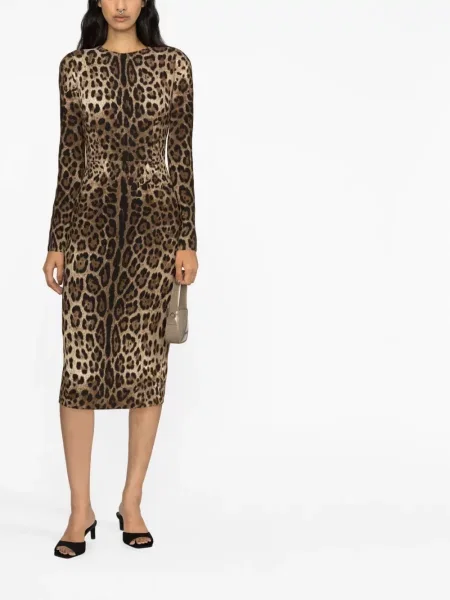 Raštuotas ilgas maxi suknele Dolce & Gabbana leopardinis ruda