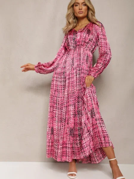 Rochie Maxi Fuchsia Pliată cu Model Stil Tweed Juvioa roz