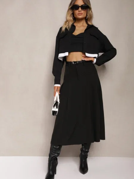 Spódnica o Rozkloszowanym Kroju High Waist z i Imitacją Kieszeni Rivivia czarna