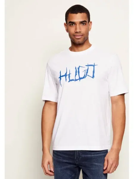 Hugo Blue tricou din cu imprimeu alb