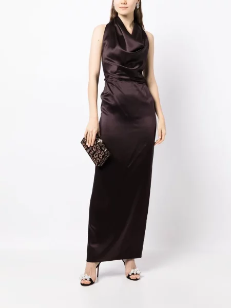 Satynowa sukienka maxi Voz z dekoltem halter garniturowa brązowa