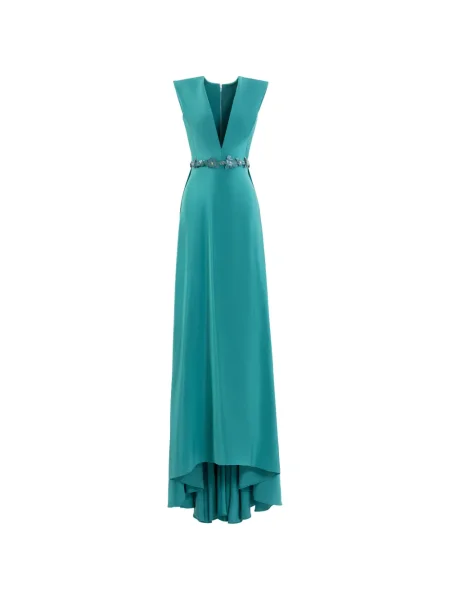 Rochie maxi Saiid Kobeisy cu model floral cu decolteu în V de costum albastru