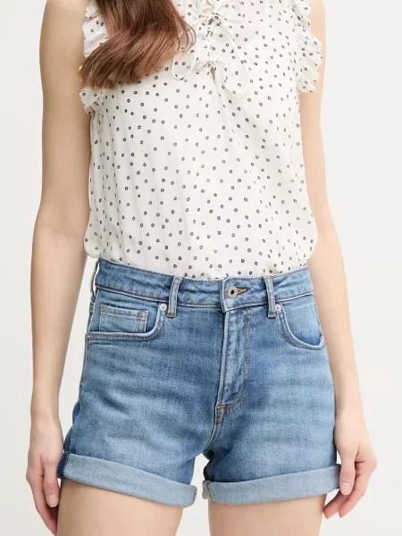 Дънков къс панталон Pepe Jeans FITTED SHORT HW MARY с изчистен дизайн с висока талия синьо
