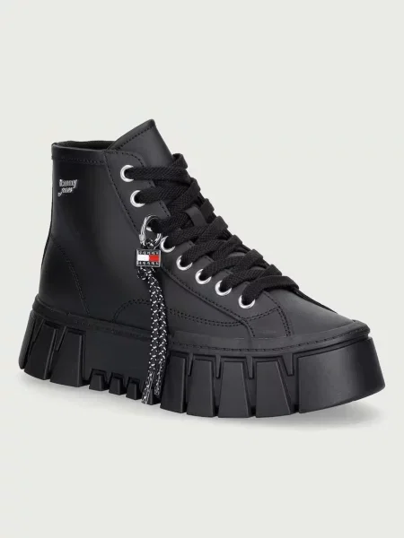 Sneakerși Tommy Jeans din piele cu platformă negru