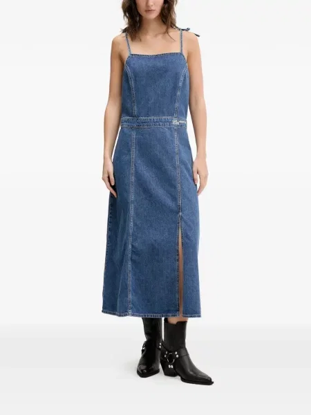 Rochie din denim Karl Lagerfeld Jeans cu legături cu bretele albastru
