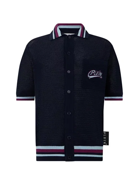 Tricou polo Philipp Plein tricotate cu autograf albastru