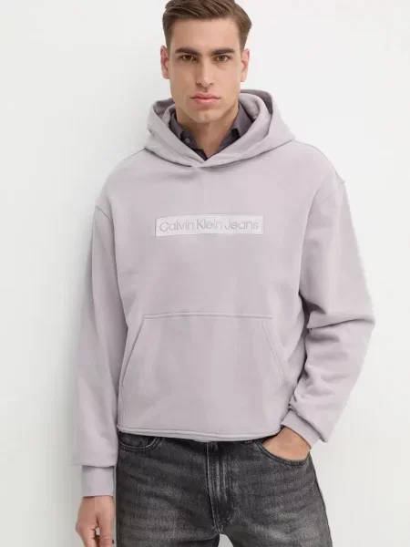 Суичър с качулка Calvin Klein Jeans с качулка с апликация сиво