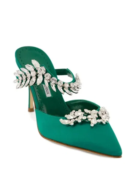 Papuci tip mules Manolo Blahnik din satin de cristal verde