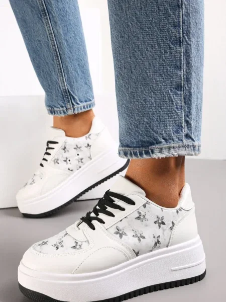 Sneakerși Alb-Negru pe Platformă cu Imprimeu Floral Chedora alb