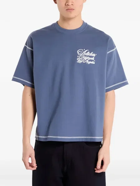 Tricou Adidas din fleece cu dungi scurt albastru