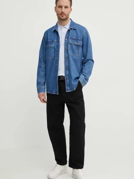 Дънкова риза Pepe Jeans мъжка със стандартна кройка с класическа яка синьо