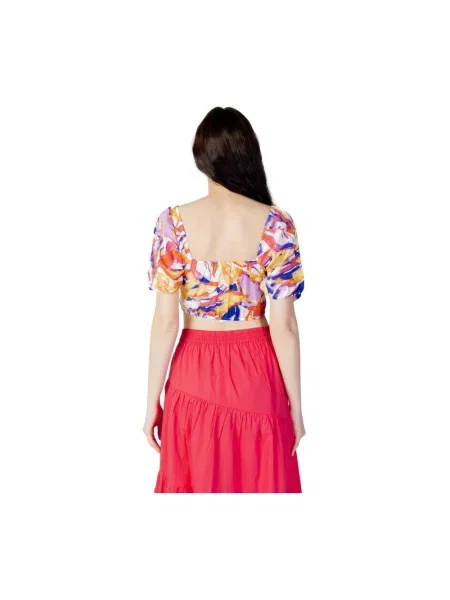 Krótka wielobarwność lniana bluzka Only niebieska