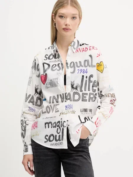 Риза Desigual SOUL дамска сиво със свободна кройка с класическа яка синьо