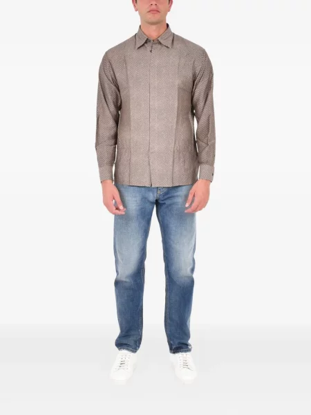 Cămașă Emporio Armani cu model herringbone maro