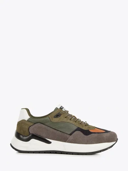 Sneakersy skórzane z motywem w jodełkę zielono-szare szare