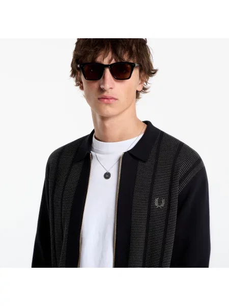 Pulover FRED PERRY Textured Panel Zip Cardigan Black L negru