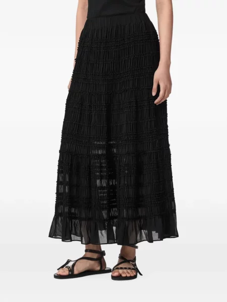 Fustă midi Allsaints cu volane negru